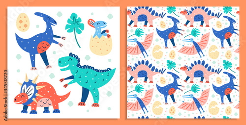 Set of little cute dinosaurs. Triceratops  T-rex  Parasaurolophus. Postcard. Prehistoric animals. Jurassic world. Flat colourful vector illustration icon sticker isolated on orange backgrground.