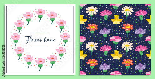 My little flower frame. Little multicolored wildflowers postcard. Flora design elements. Wild life, blooming flowers, botanic. Flat colourful vector illustration isolated on green background.