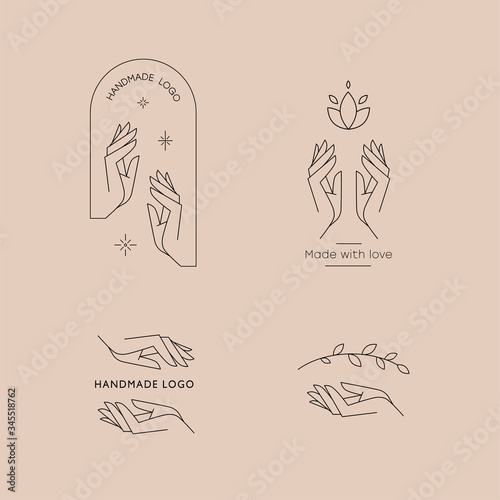 Set of logos for business in the industry of beauty, health, personal hygiene. Beautiful picture of hands. Logo of a beauty salon, health industry, makeup artist, cosmetologist, massage therapist.