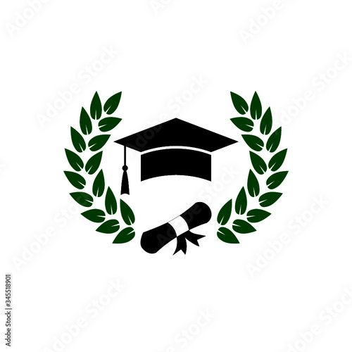 Graduate cap logo with laurel wreath isolated on white background