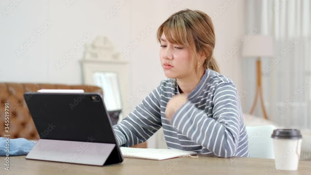 Online Group Video Call Conference of Team from Home Office.Smiling young asian woman blogger vlogger influencer at home speaking.online with internet teacher learn language talk .. Online Group Video Call Conference of Team from Home Office.Smiling young asian woman blogger vlogger influencer at home speaking.online with internet teacher learn language talk ..