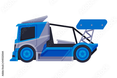 Racing Truck, Blue Fast Heavy Vehicle Freight Machine Flat Vector Illustration