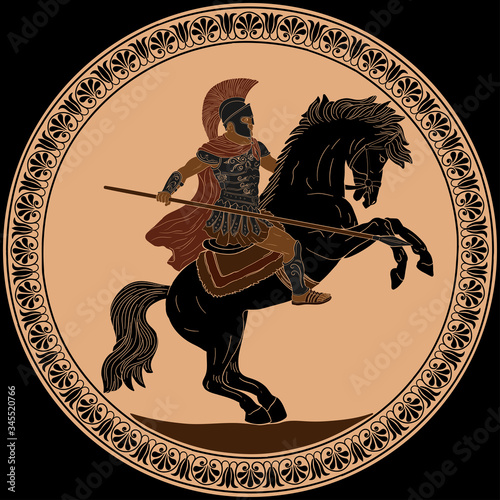 Ancient Roman warrior with a spear in his hands is riding a horse ready to attack. Vector illustration Antique painting on the dishes.