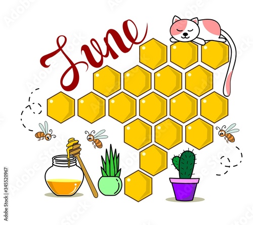 bullet journal monthly cover ideas for June with bee and honey vector