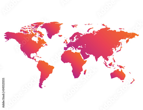 Earth map in colorful gradient design. Insta style of globe planet. Modern continent in rainbow style. World with Europe  America  Africa and Russia with Chine. Mockup of our planet. Vector EPS 10.