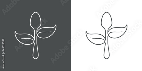 Símbolo de comida vegana. Icono plano lineal silueta de cuchara con hojas en fondo gris y fondo blanco