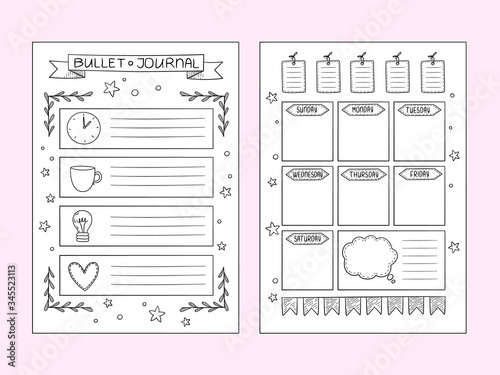 Bullet journal pages. Vector design templates of hand drawn notes and dividers frames organizer or planner. Bullet journal, notebook diary with wish and target illustration photo