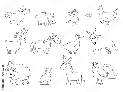 Fototapeta Naklejka Na Ścianę i Meble -  Cartoon farm animals. Domestic bool horse sheep lamb chicken pig vector funny drawn collection. Illustration farm animal, horse and lamb, cow and sheep
