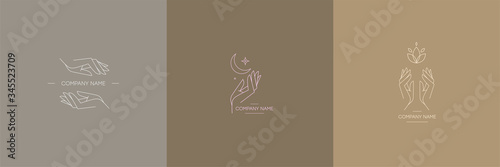 Set of logos for business in the industry of beauty, health, personal hygiene. Beautiful picture of hands. Logo of a beauty salon, health industry, makeup artist, cosmetologist, massage therapist.