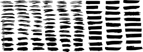 Big set of different brush strokes. Vector black paint, brush stroke ink, brush, line or texture. Messy art design element, frame or background for text.