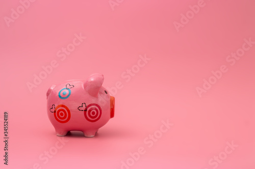 Pink piggy bank on pastel pink background, Financial concepts.