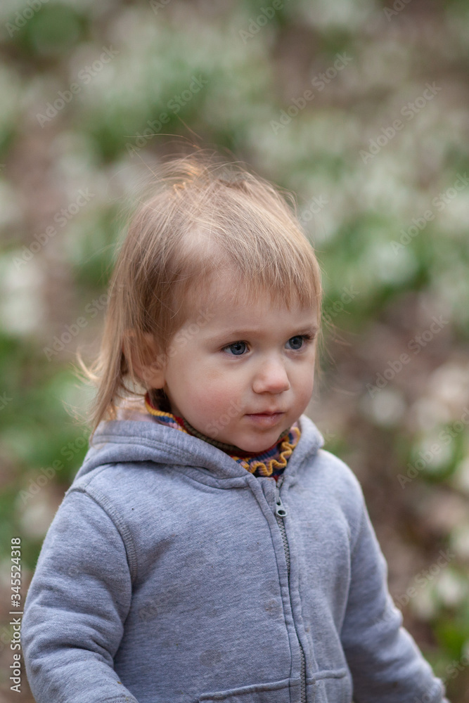 Little pretty girl in a clearing of snowdrops. A child walks in the spring forest. Little pretty girl in a clearing of snowdrops. A child walks in the spring forest.