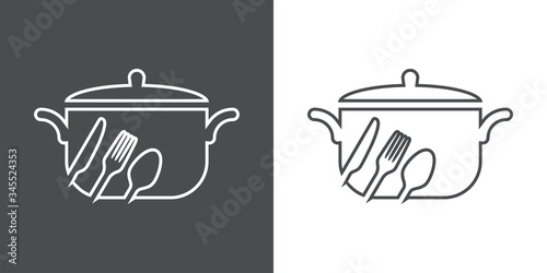Símbolo restaurante. Icono plano lineal cacerola con tapa con cubiertos en fondo gris y fondo blanco
