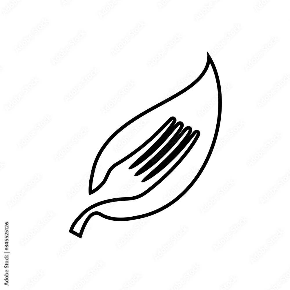 Símbolo de comida vegana. Icono plano lineal silueta de tenedor en hoja en color negro Símbolo de comida vegana. Icono plano lineal silueta de tenedor en hoja en color negro