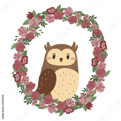 Cute cartoon owl in pink floral wreath. Vector illustration.