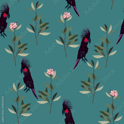 Black cockatoo parrot and green twigs with pink flowers on a white cream background. Vector seamless floral pattern. Square repeating template with tropical birds and flowers