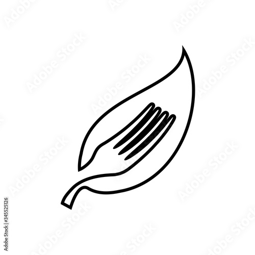 Símbolo de comida vegana. Icono plano lineal silueta de tenedor en hoja en color negro