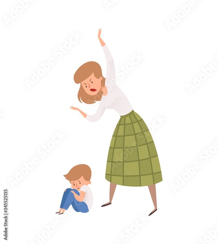 Family abusing behavior. Mother punish her son. Isolated angry woman and baby boy. Sad toddler vector illustration. Mother and boy, family angry punish
