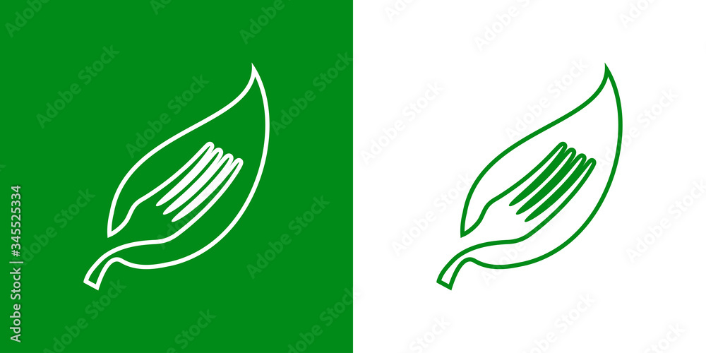 Símbolo de comida vegana. Icono plano lineal silueta de tenedor en hoja en fondo verde y fondo blanco
