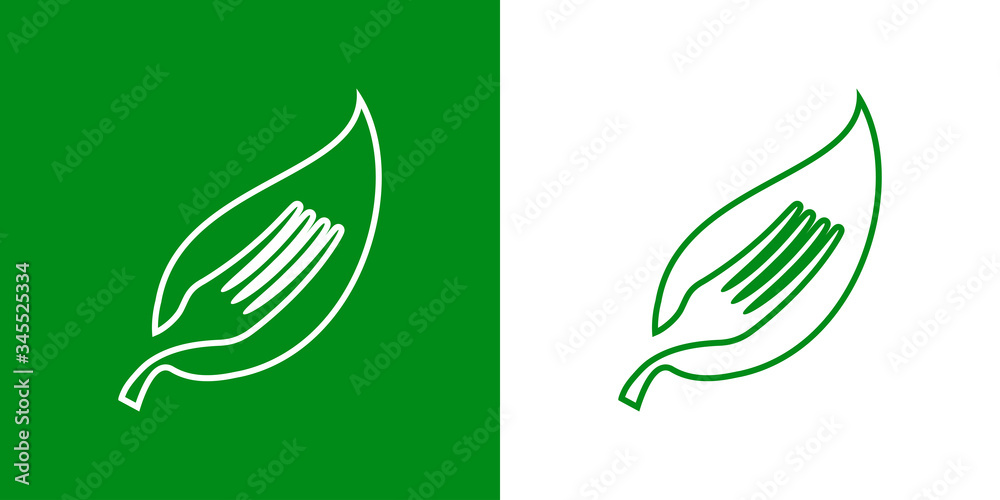 Naklejka premium Símbolo de comida vegana. Icono plano lineal silueta de tenedor en hoja en fondo verde y fondo blanco