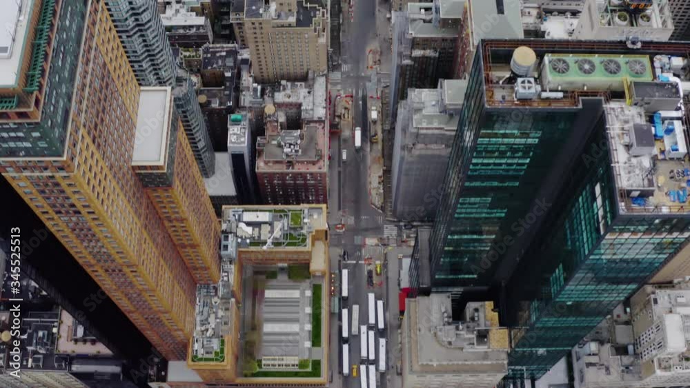 Aerial, tilt up, drone shot over quiet streets, in the midtown area, Manhattan, New York city, USA -COVID-19 quarantine