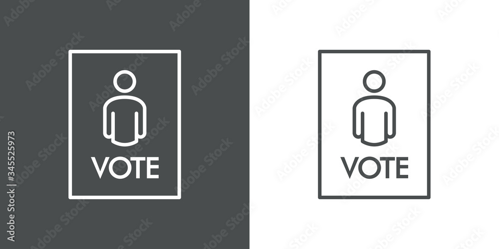 Símbolo votación. Icono plano lineal palabra VOTE en cuadrado con silueta de hombre en fondo gris y fondo blanco Símbolo votación. Icono plano lineal palabra VOTE en cuadrado con silueta de hombre en fondo gris y fondo blanco