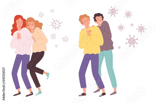 People afraid of viruses. Microbes attack guys and girls. Bacteria fly on adults or teenagers vector illustration. Medical cartoon epidemic, people character afraid outbreak