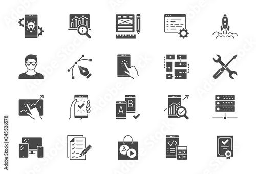 Application development flat icons. Vector illustration included icon as mobile software, app ux prototyping, data analytics black silhouette pictogram for web startup launch