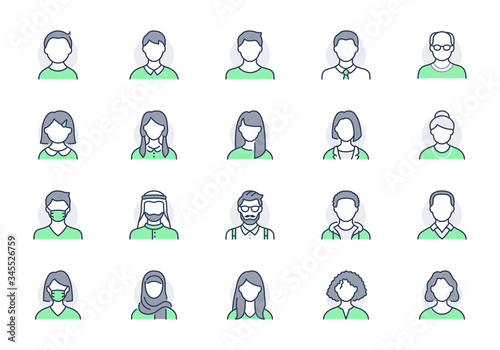 People avatar line icons. Vector illustration included icon as man, female, muslim, senior, adult and young human outline pictogram for user profile. Editable Stroke, Green Color photo