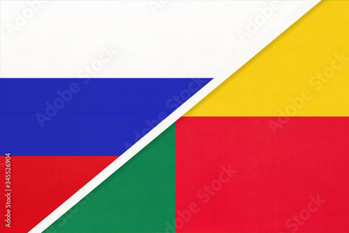 Russia vs Benin symbol of two national flags. Relationship between African and Asian countries.