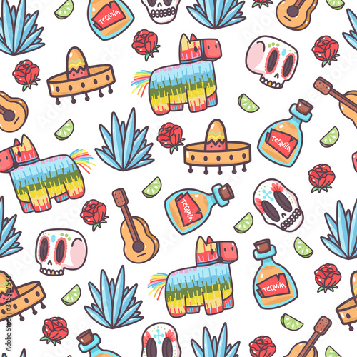 Mexico cute elements vector cartoon seamless pattern on a white background for wallpaper, wrapping, packing, and backdrop.