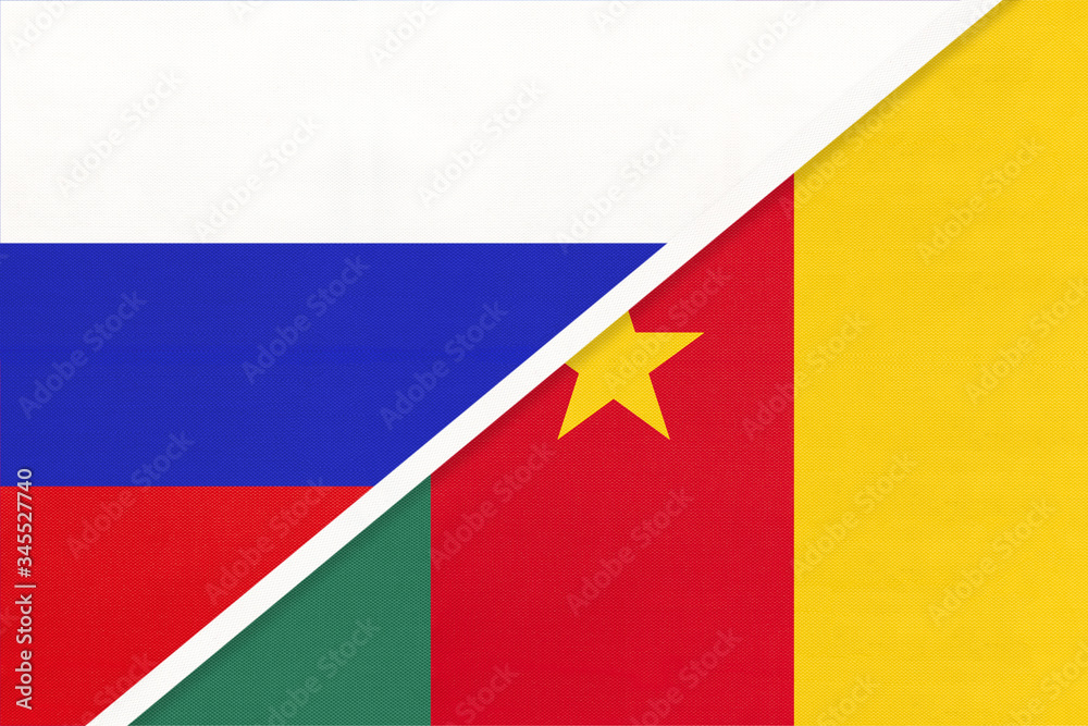 Russia vs Cameroon, symbol of two national flags. Relationship between African and Asian countries.