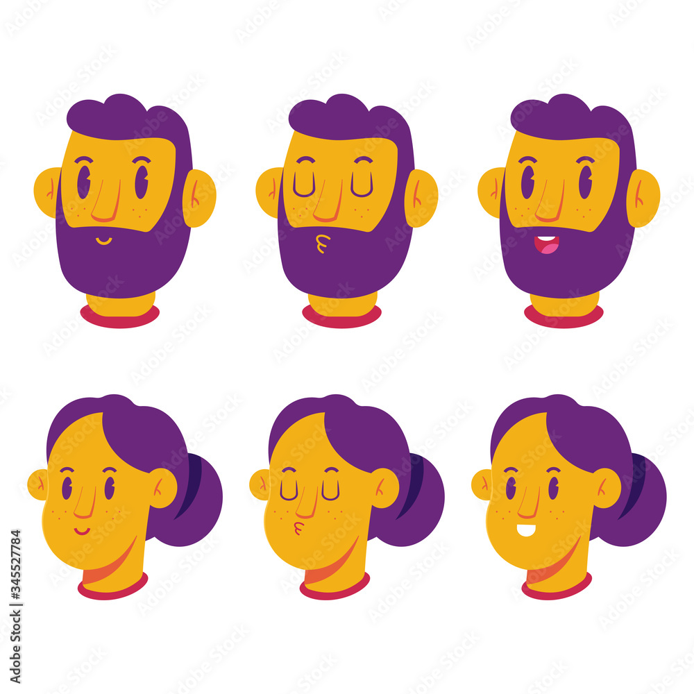 Man and woman face with different emotions vector cartoon set isolated on a white background. Man and woman face with different emotions vector cartoon set isolated on a white background.