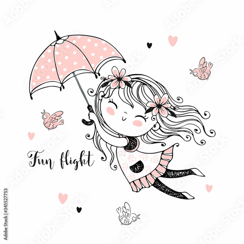 Little cute girl flying on an umbrella. Vector.