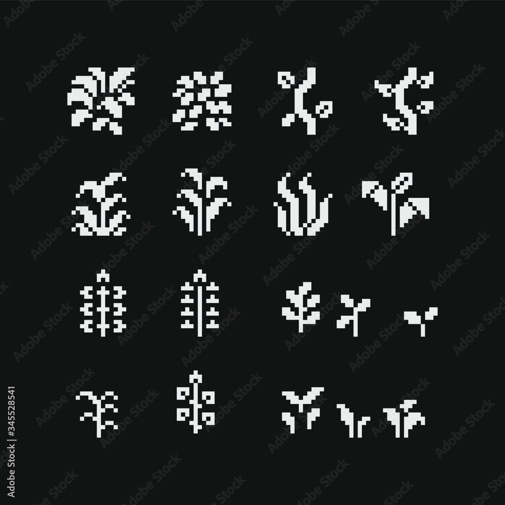Various flowers trees and plants pixel art icons set, sticker design pack. Design for logo stamp, web, app, badges and patches. Isolated 1-bit vector illustration Various flowers trees and plants pixel art icons set, sticker design pack. Design for logo stamp, web, app, badges and patches. Isolated 1-bit vector illustration