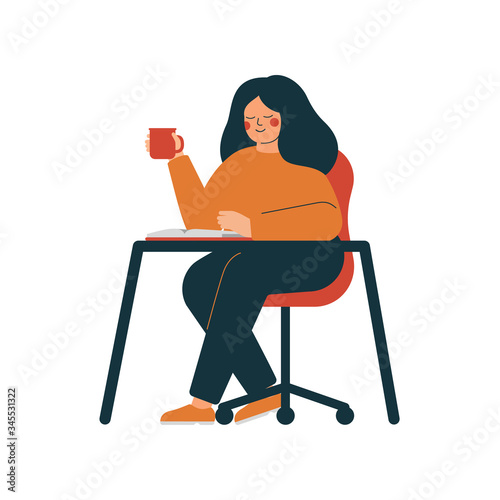 The thoughtful smiling woman is reading a book and drinking coffee at home. Happy girl goes through her datebook in the morning and plans her day. Vector illustration in flat style.