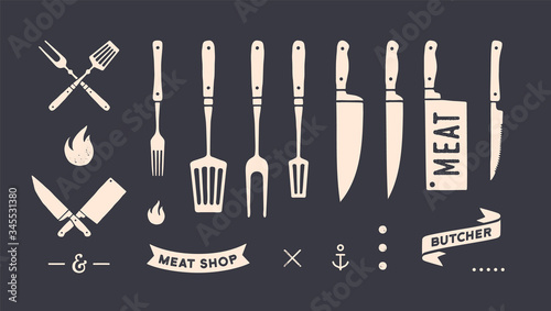 Vintage graphic set. Set of vintage banner, ribbon, cutting knive, text, old school graphic elements, food tools. Design elements for restaurant, bar, cafe, food shop and market. Vector Illustration