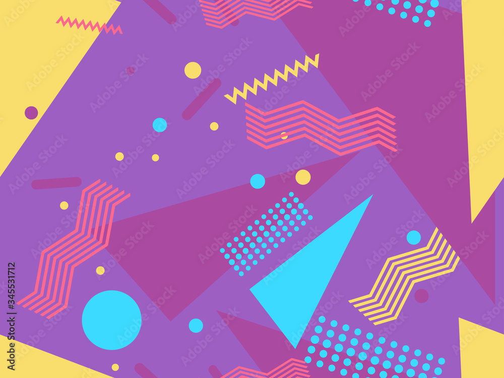 Memphis seamless pattern with geometric shapes in the style of the 80s. Eighties print colorful background for promotional products, wrapping paper and printing. Vector illustration Memphis seamless pattern with geometric shapes in the style of the 80s. Eighties print colorful background for promotional products, wrapping paper and printing. Vector illustration