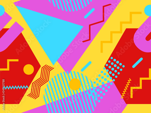 Memphis seamless pattern with geometric shapes in the style of the 80s. Eighties print colorful background for promotional products, wrapping paper and printing. Vector illustration