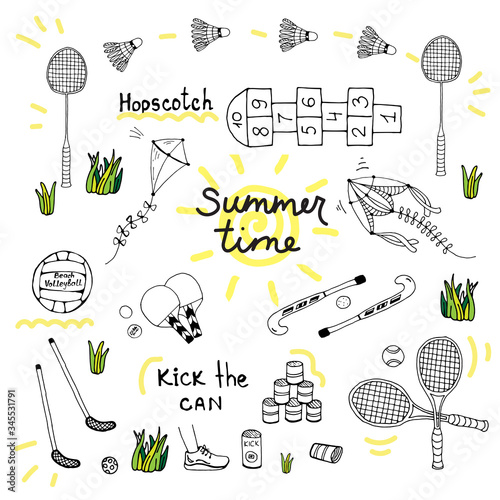 Summer holiday activity symbols set. Outdoor games collection. Stock vector illustration set on white background. Summer sport. Kids activities. Hand drawn sketch style.