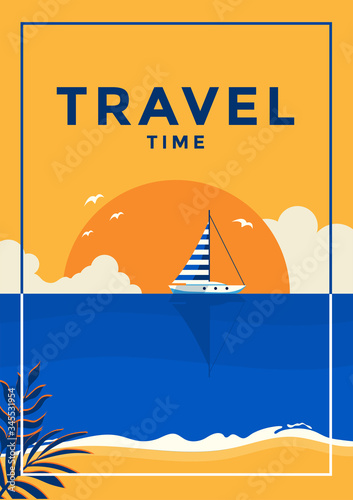 A vintage style poster with a tropical beach and a sailboat on the sea. Travel time poster flat design. Vector Illustration