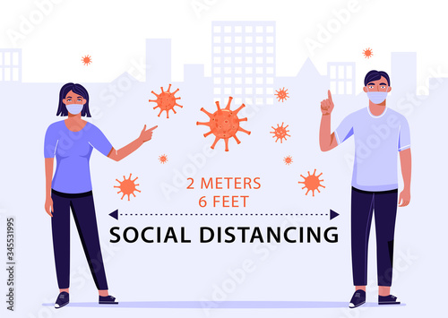 Social distancing concept. Distance two meter. Precautions for 2019-nCoV Coronavirus spread of the virus. Prevention for dangerous global pandemic. Vector information banner, poster, presentation etc.