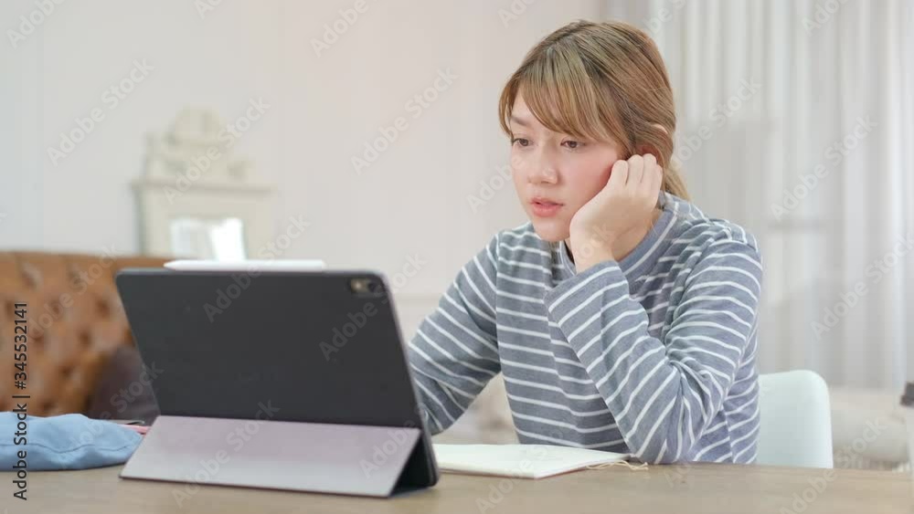 Online Group Video Call Conference of Team from Home Office.Smiling young asian woman blogger vlogger influencer at home speaking.online with internet teacher learn language talk .. Online Group Video Call Conference of Team from Home Office.Smiling young asian woman blogger vlogger influencer at home speaking.online with internet teacher learn language talk ..