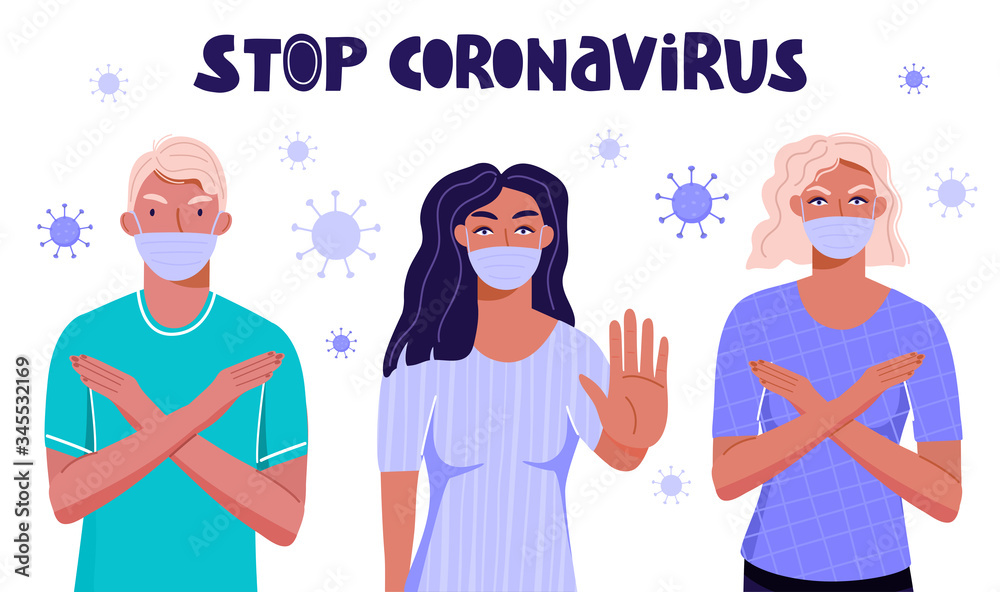 Group of people show stop gesture with their hands. Stop coronavirus lettering phrase with COVID-19 symbol. Quarantine and protect yourself concept. Vector illustration. Group of people show stop gesture with their hands. Stop coronavirus lettering phrase with COVID-19 symbol. Quarantine and protect yourself concept. Vector illustration.