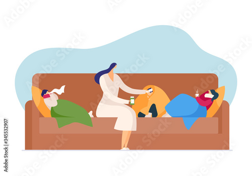 Care about cold disease, flu fever season in family, vector illustration. Flat character ill health, influenza treatment. Sick children healthcare, virus illness at home on couch with mother.