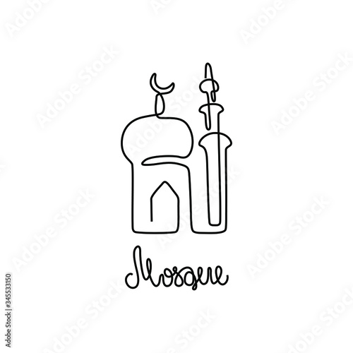 Islamic design mosque dome silhouette, continuous line drawing, small tattoo, print for clothes and logo design, emblem or logo design, isolated vector illustration.