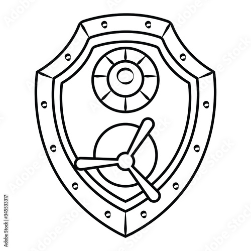 Security reliability, and insurance against bankruptcy. Isolated on white background. Icon metal safe in the form of a shield. Bank deposit