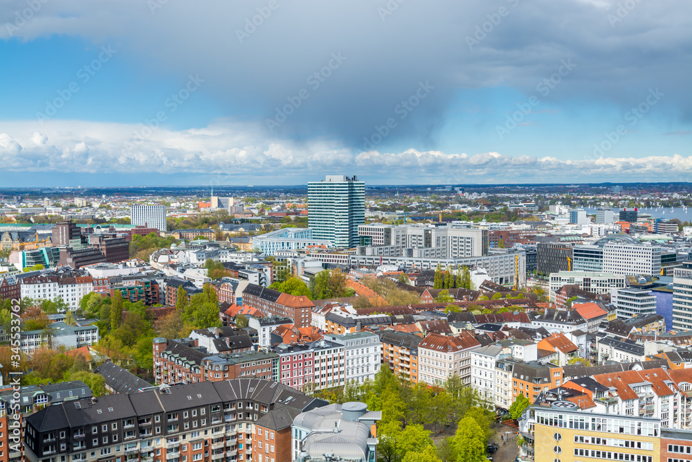 Aerial view of downtown of  Hamburg, Germany, view from the clock tower of Church of St. Michael. A landmark of the city and considered to be one of the finest Hanseatic Protestant baroque churches