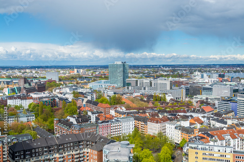 Aerial view of downtown of Hamburg, Germany, view from the clock tower of Church of St. Michael. A landmark of the city and considered to be one of the finest Hanseatic Protestant baroque churches
