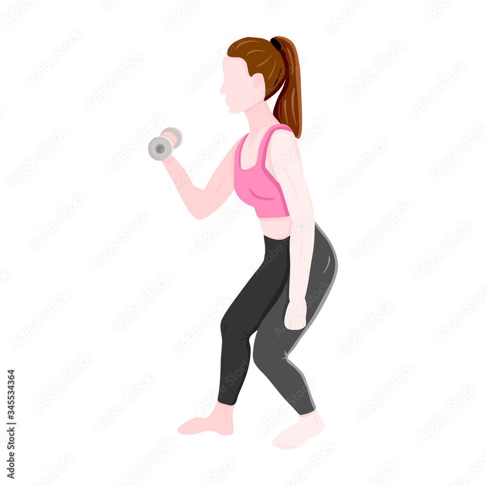 Girl with dumbbell is training in fitness outfit. Workout process, weight loss, slimming. Home program for doing physical exercises. Brunette in pink shirt. Vector illustration in cartoon flat style. Girl with dumbbell is training in fitness outfit. Workout process, weight loss, slimming. Home program for doing physical exercises. Brunette in pink shirt. Vector illustration in cartoon flat style.